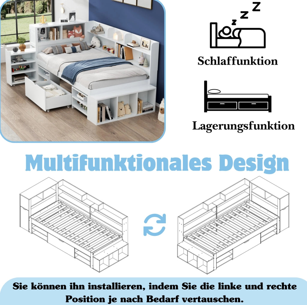 Letto per bambini 90 x 200 cm con cassetti, libreria e armadi bianchi