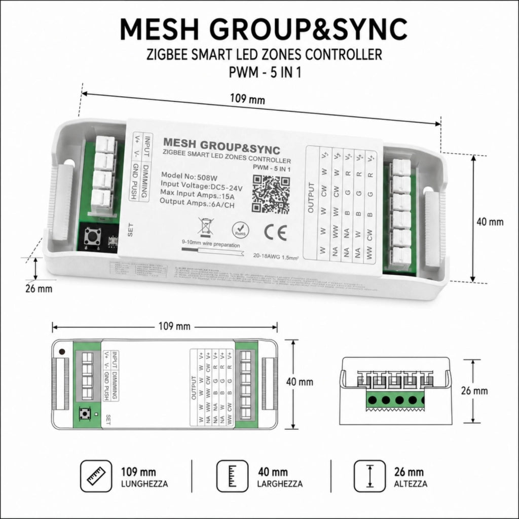 Led Dimmer Push WIFI, RF 2.4G, Pulsante NO, 5 In 1, DC5-24V 360W 5CHX6A Max 15A, per Striscia Led Mono Colore, CCT, RGB, RGBW, RGBCCT