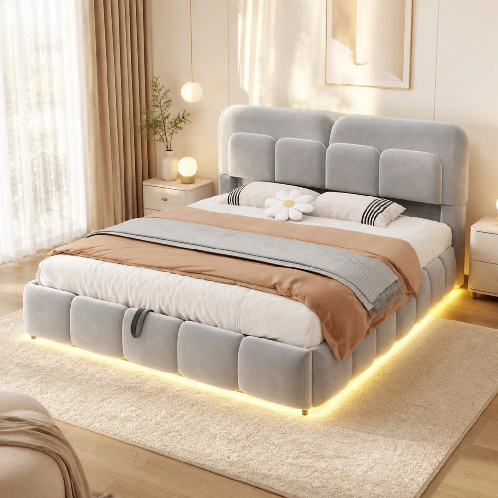 Letto matrimoniale imbottito 140 x 200 cm con contenitore idraulico; LED e velluto grigio