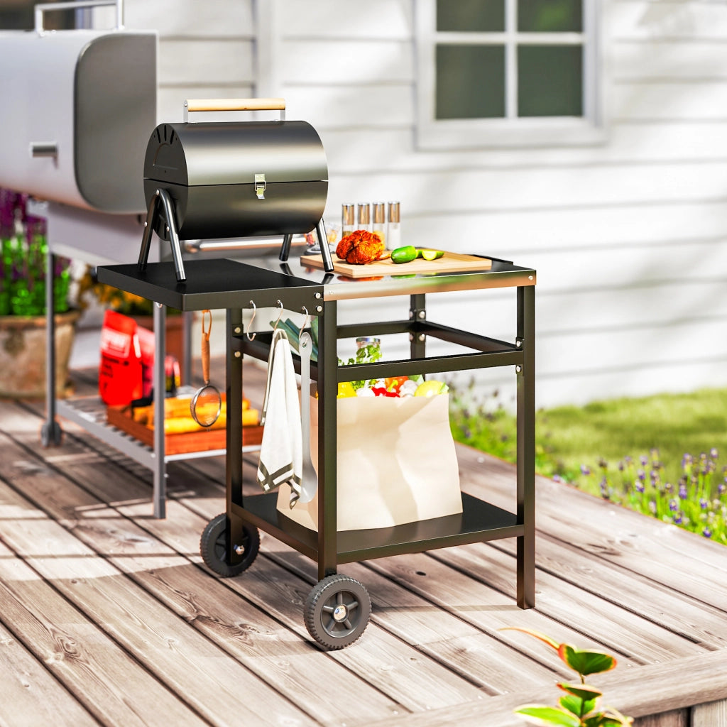 Carrello Barbecue con Piano in Acciaio e Ripiano Richiudibile ¨C Zephmum ¨C 91x58x76 cm, Nero