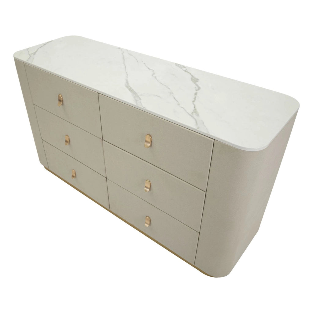Como' Beauty 6 cassetti in legno crema e metallo dorato