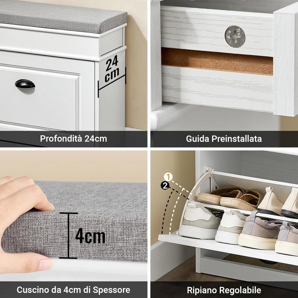 Scarpiera Salvaspazio Slim con Seduta Panca Scarpiera da Ingresso Contenitore in Legno Mobile Ingresso per Scarpe, 61x24x54cm Effetto Legno Invecchiato Bianco FSR82-K-WG