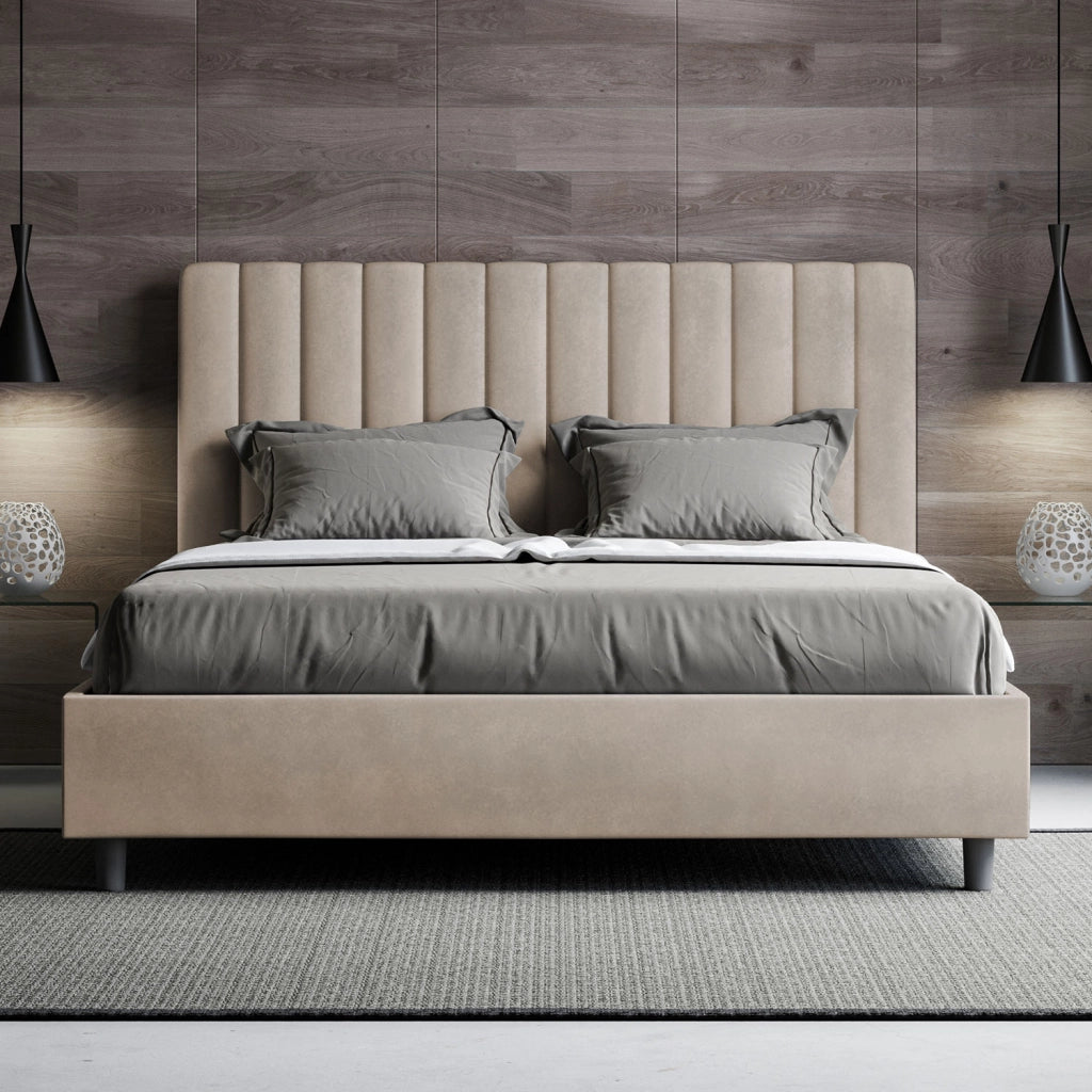 BS COM Letto una piazza e mezza con rete imbottito 130x210 microfibra sabbia