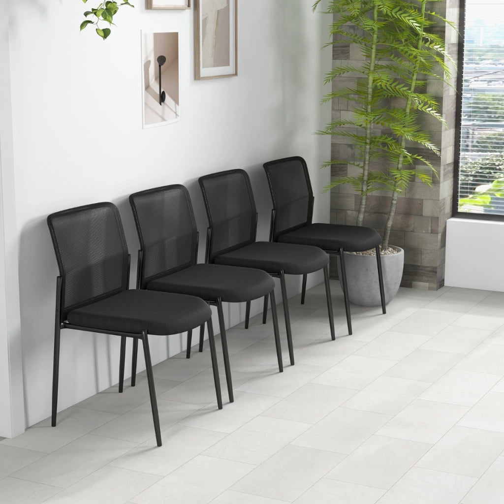 Set 2 sedie impilabili con schienale ergonomico in rete e seduta imbottita-Sedie da ufficio per sala d'attesa Nero