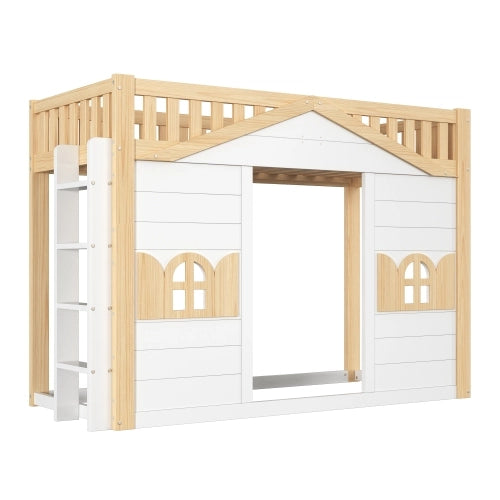 Letto a castello casetta per bambini 90x200 cm LEMONMAX, con finestra, scala reversibile e angolo giochi, legno di pino e MDF, bianco e naturale