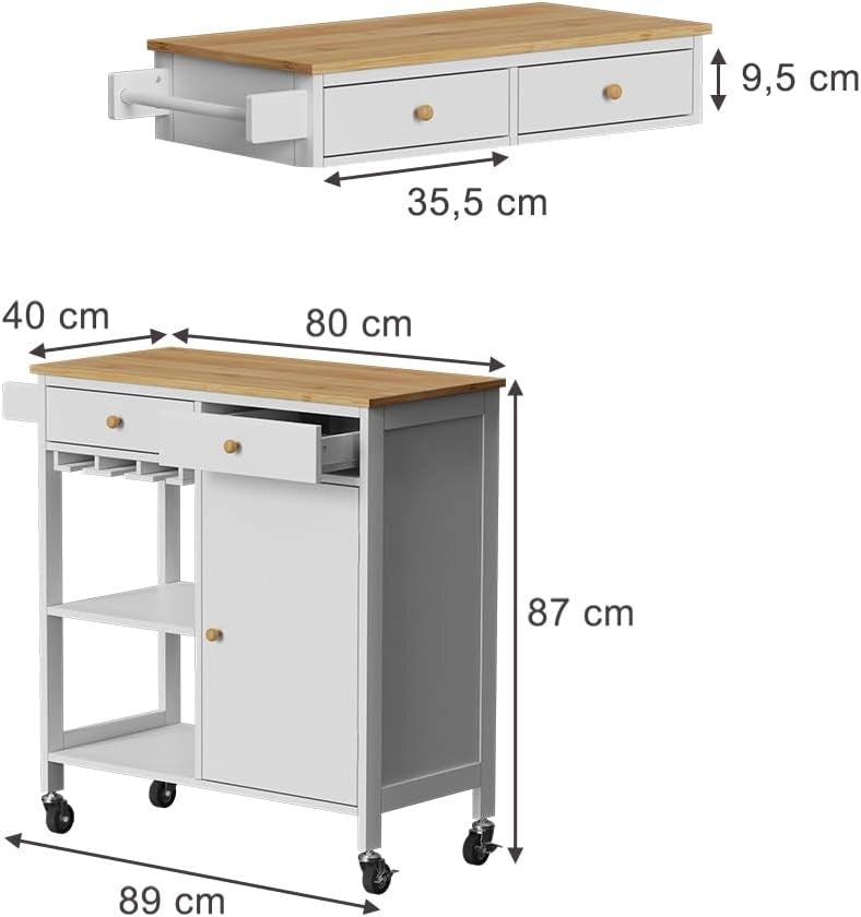 Carrello da cucina Trayz, Bianco, 89 x 87 cm con rotelle, con ripiano per bottiglie e portabicchieri per un utilizzo flessibile