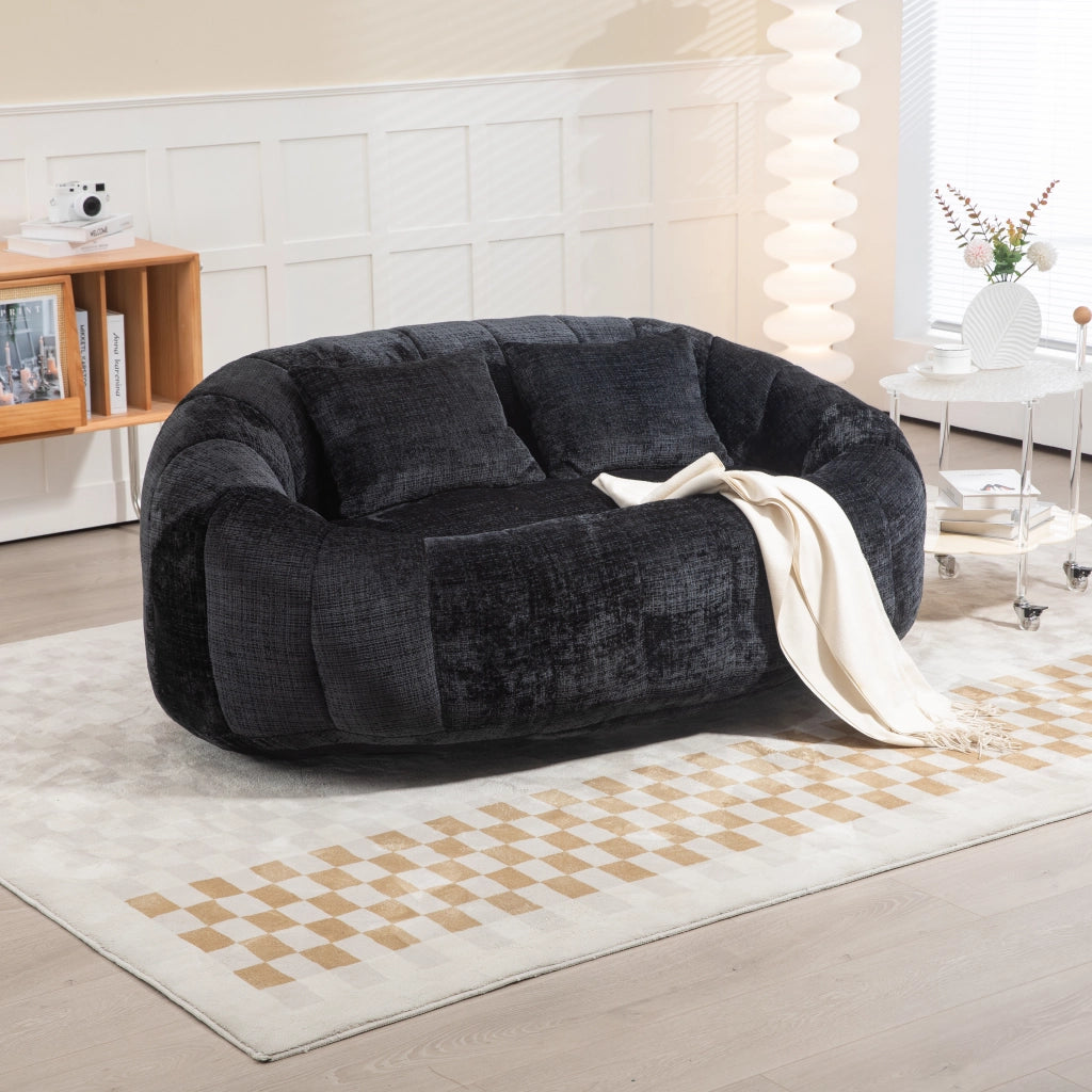 Divano Pouf 2 Posti con Braccioli e Schienale Alto; Poltrona Gaming da Pavimento in Memory Foam Confort; in Ciniglia Nero