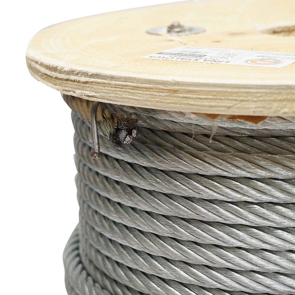 Cavo in acciaio zincato 10mm, 6x37 trefoli, carico massimo 5220Kg, peso 34,6Kg, 100m/rotolo