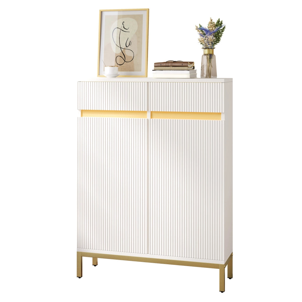 Scarpiera bianca con LED; 2 cassetti e 2 ante; ripiani regolabili; 80x35x103 cm