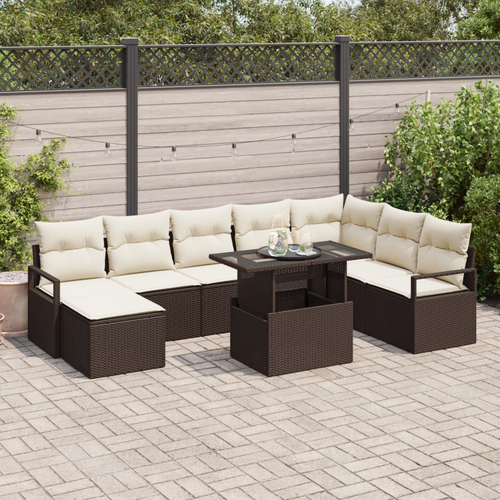 Set di divani da giardino a 9 pezzi con cuscini in rattan polimerico marrone