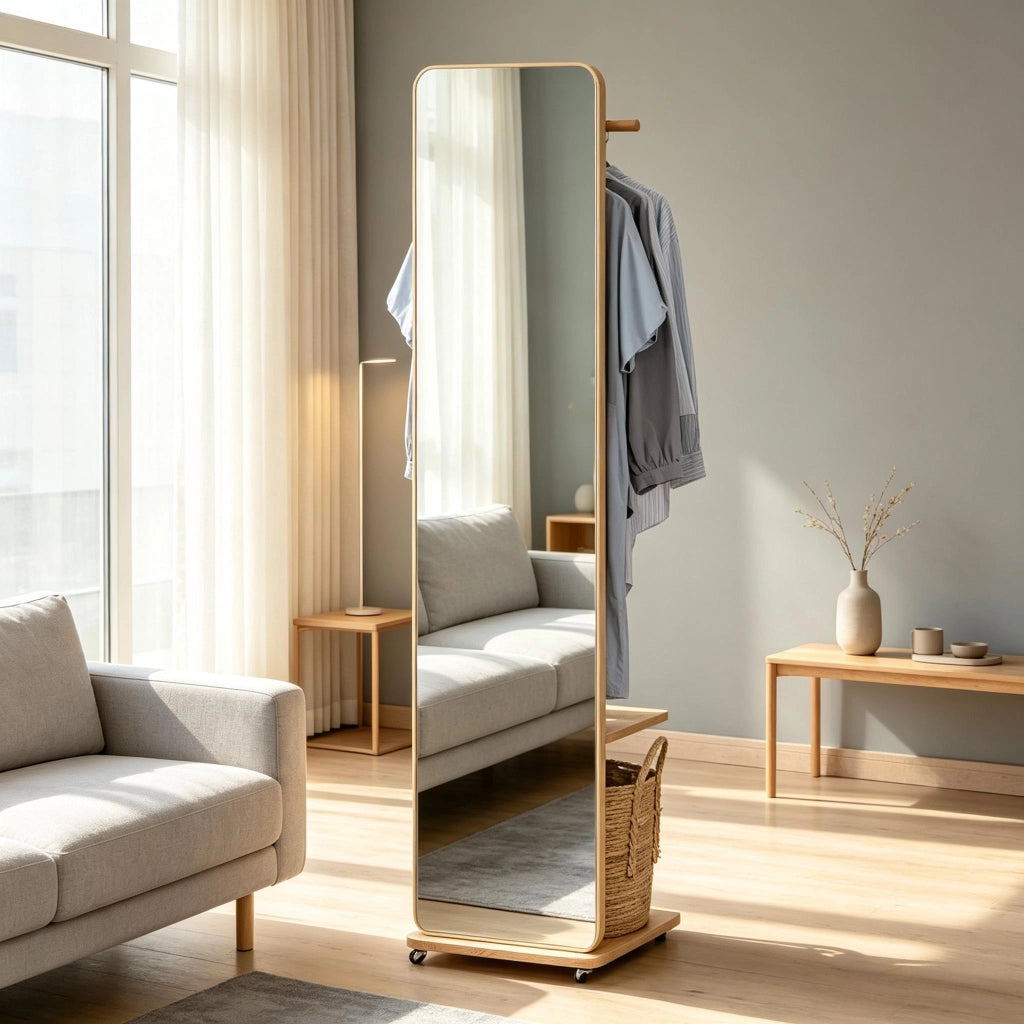 SPECCHIO da terra con appendiabiti e ripiano 40x44,5x170 cm legno chiaro