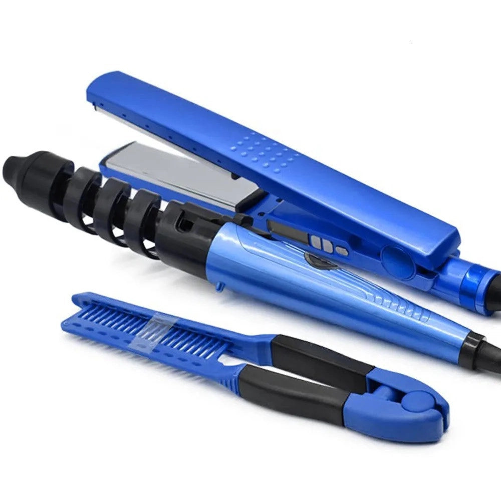 Trade Shop - Set Piastra 3in1 Per Capelli In Nano Titanio Ceramica Con Ferro Arricciacapelli Pettine -