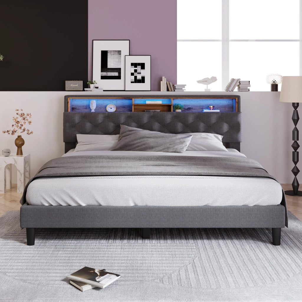 Letto Matrimoniale 140×200 cm con Testiera Contenitore; LED e Scomparti; senza Materasso; Grigio