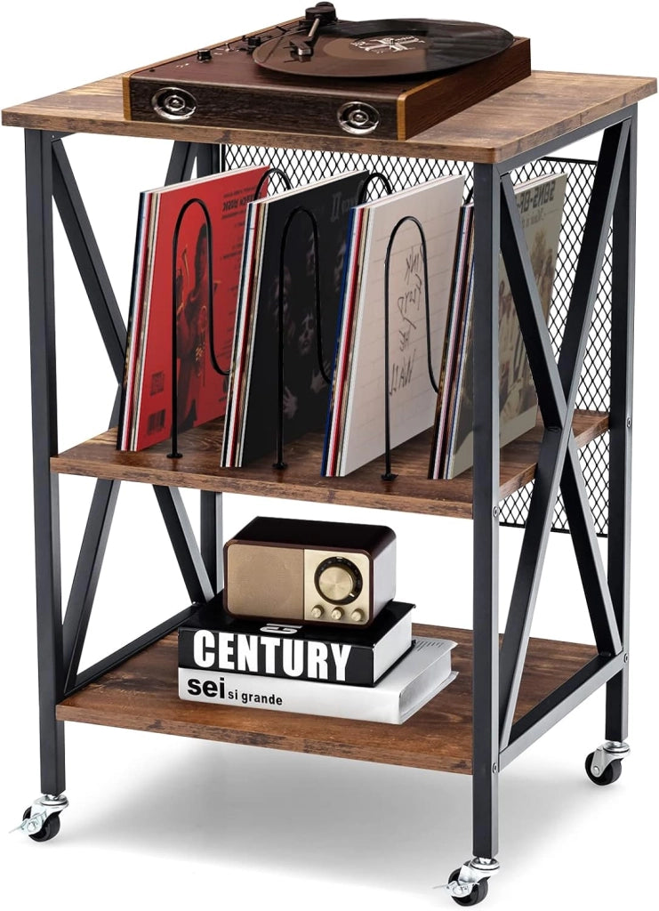 Supporto per Giradischi, Supporto per Giradischi in Vinile con Ruote Bloccabili, 3 Livelli, per Soggiorno, Camera da Letto, 52 x 45 x 75 cm