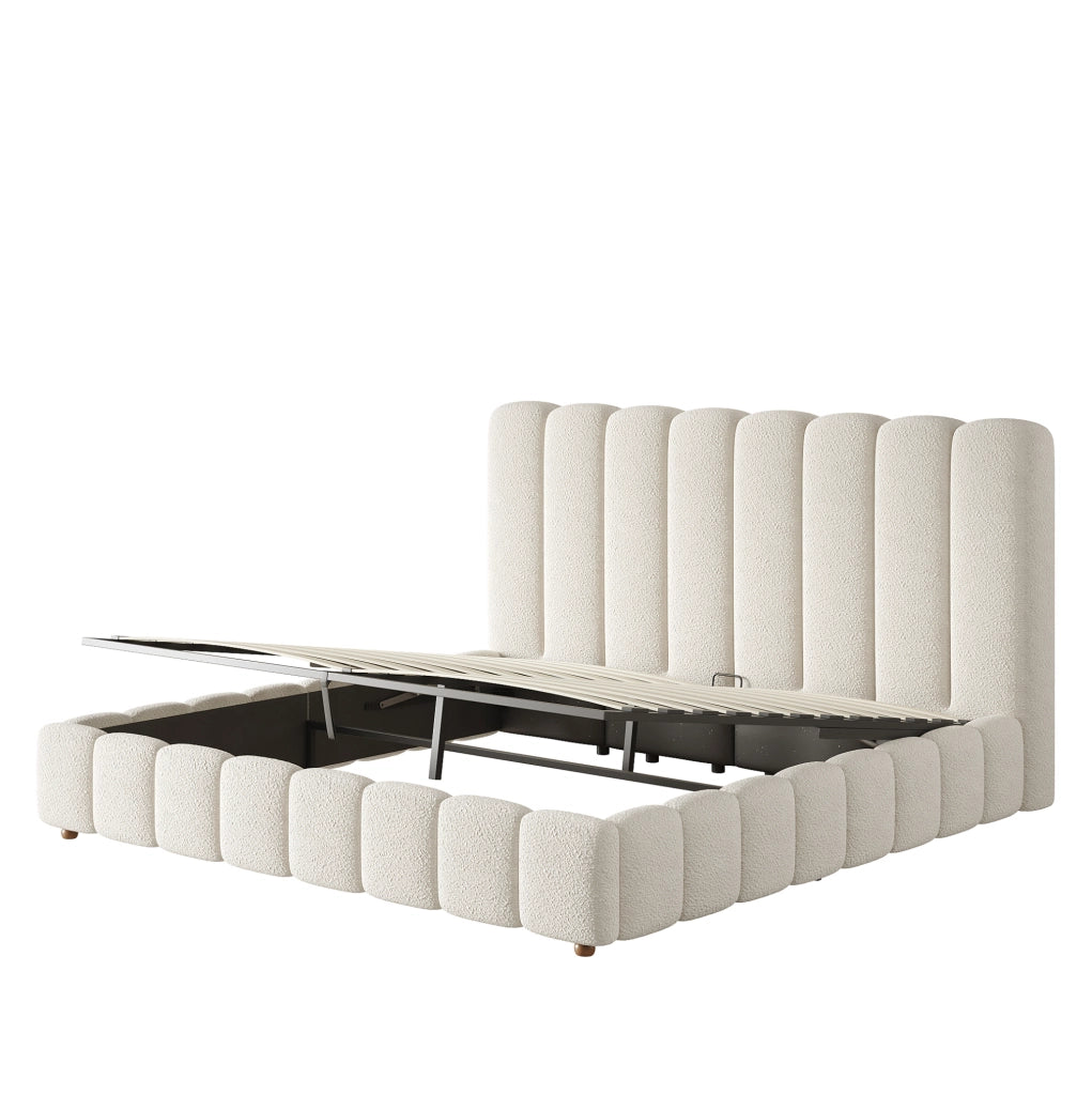 Letto imbottito 160x200 cm con contenitore idraulico; doghe incluse; bouclé bianco