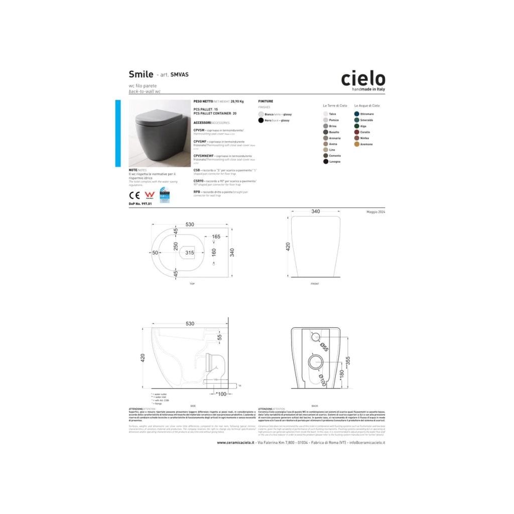 Wc a Terra Senza Brida Ceramica Cielo "Smile 53" Bianco Lucido