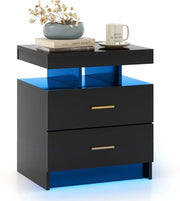 Cassettiere da Notte in Legno - 50x40x58 cm - 2 Porte - Illuminazione LED - Design Luxe - Per Camera da Letto