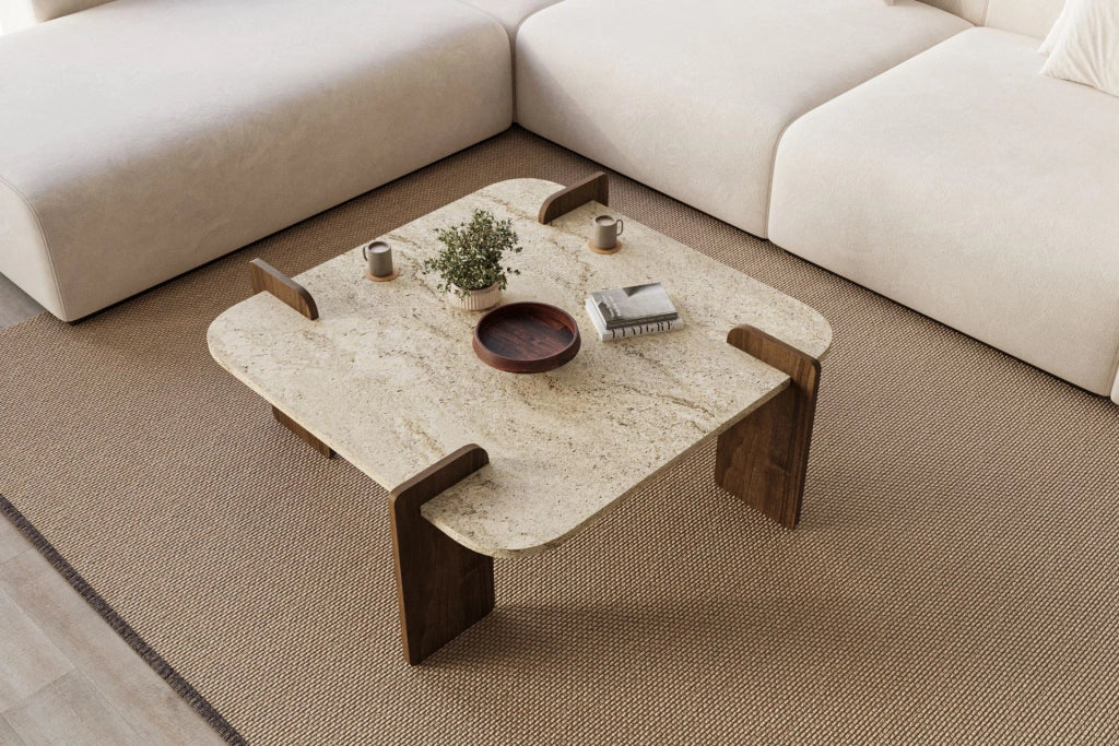 Tavolino in legno "Afrolli" - 90 x 90 x 35 cm - Travertino