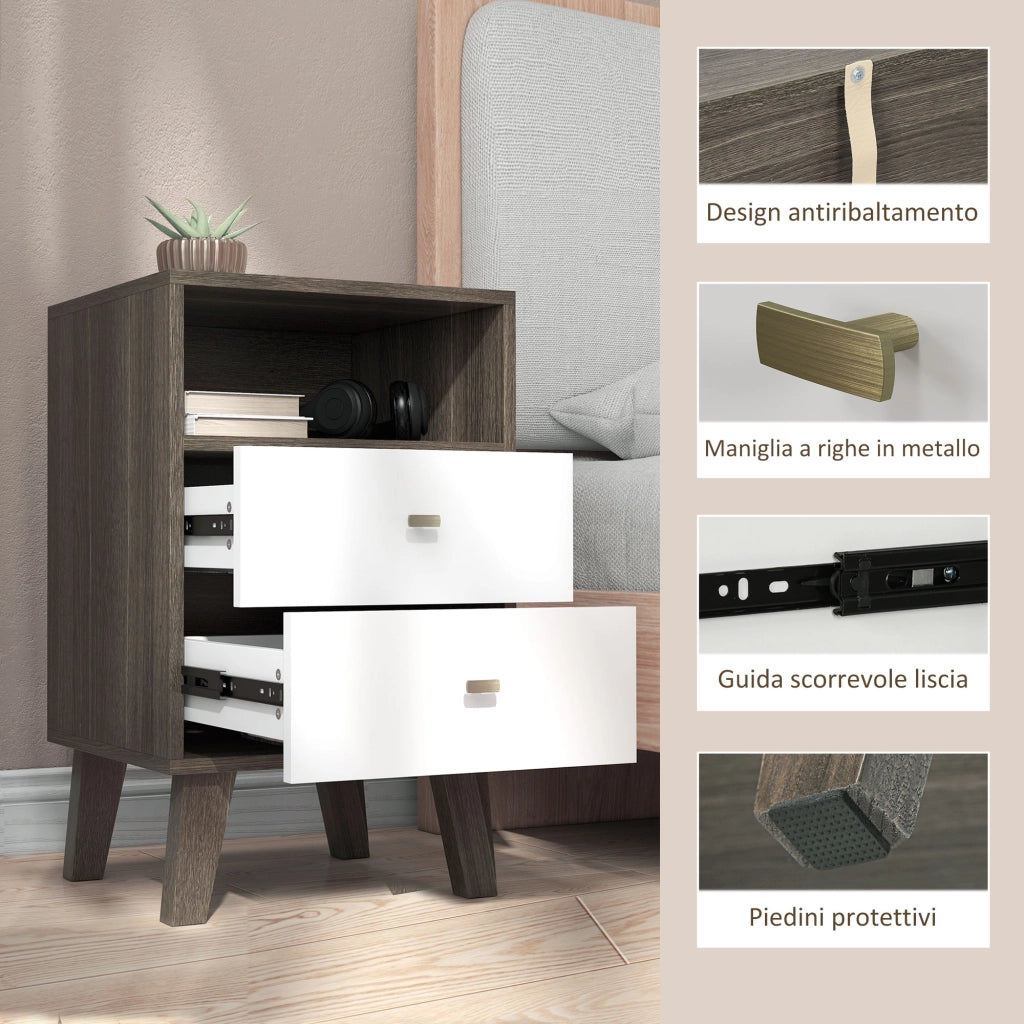 Comodino Moderno con 2 Cassetti e Vano Aperto ¨C zephmum ¨C Grigio e Bianco 40x34x64cm