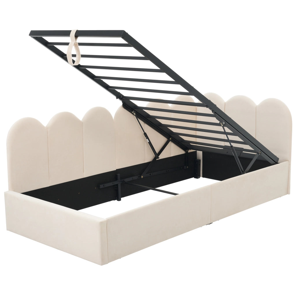 Divano letto 90x200 cm; contenitore idraulico; velluto beige (Senza materasso)