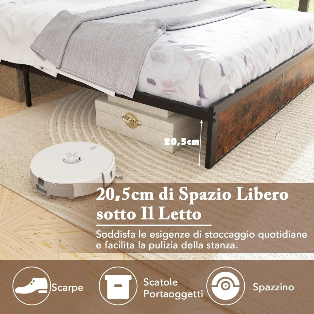 Letto Matrimoniale 140 x 200 cm con Stazione d Ricarica, Stuttura Letto 20,5 cm di Altezza, Telaio Letto con Testiera a Ripiani, Capacità di 500 kg, Marrone Rustico