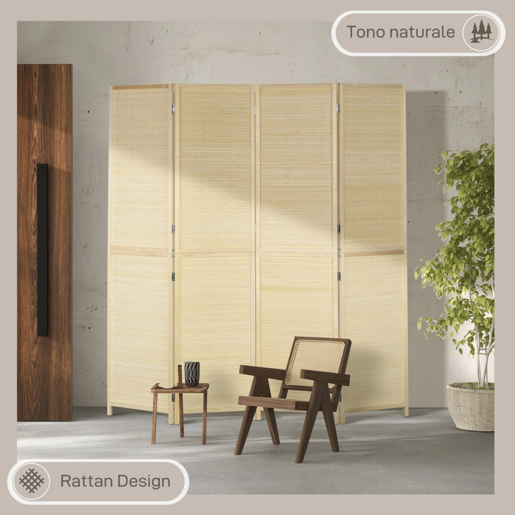 Paravento per Interno Pieghevole a 4 Ante. Divisorio in Bamb¨´ di Rattan. 180x1.6x180 cm