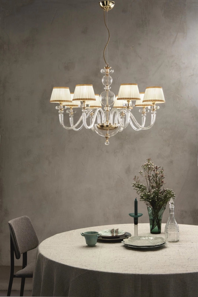 LAMPADARIO BACH 8 LUCI CRISTALLO E FINITURA ORO ATTACCO E14 CON PARALUMI