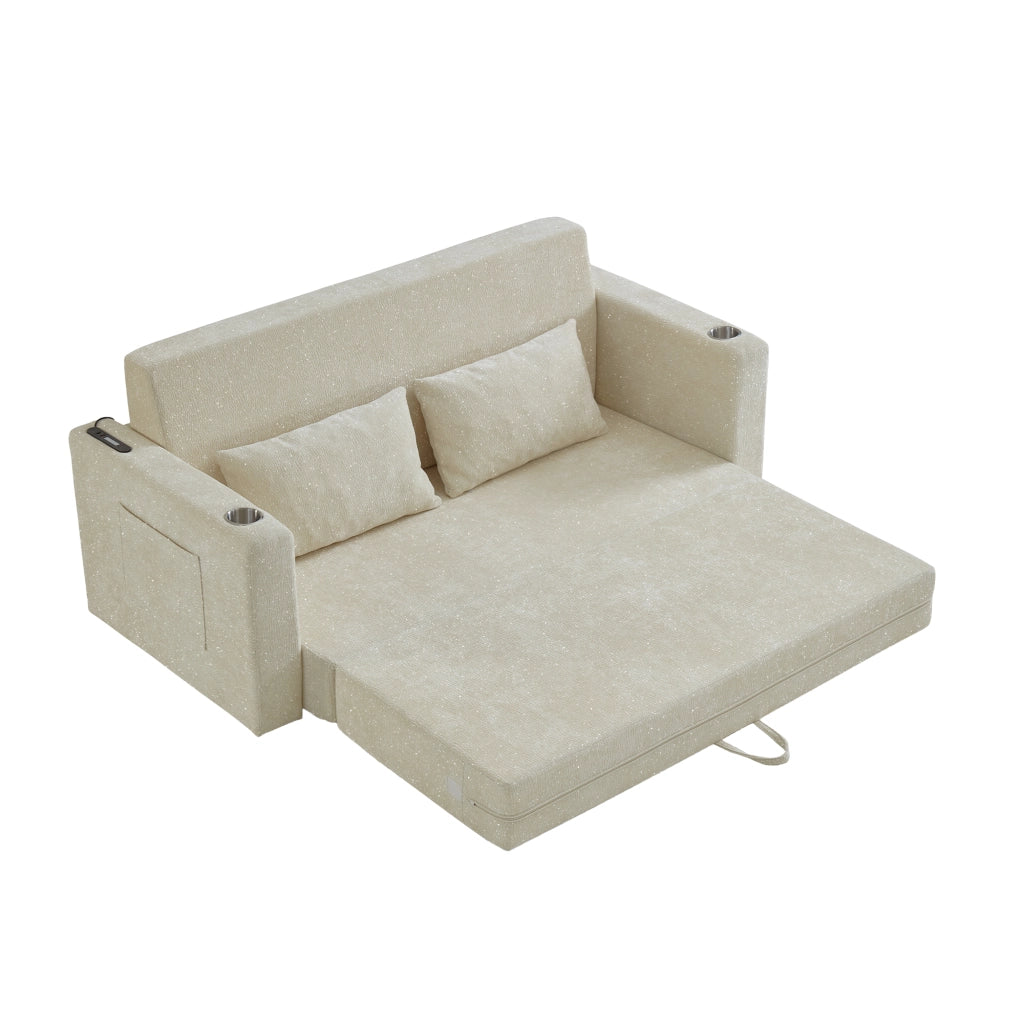 DIVANO LETTO 2-IN-1 CLAPABILE IN CHENILLE BEIGE CON USB E 2 CUSCINI