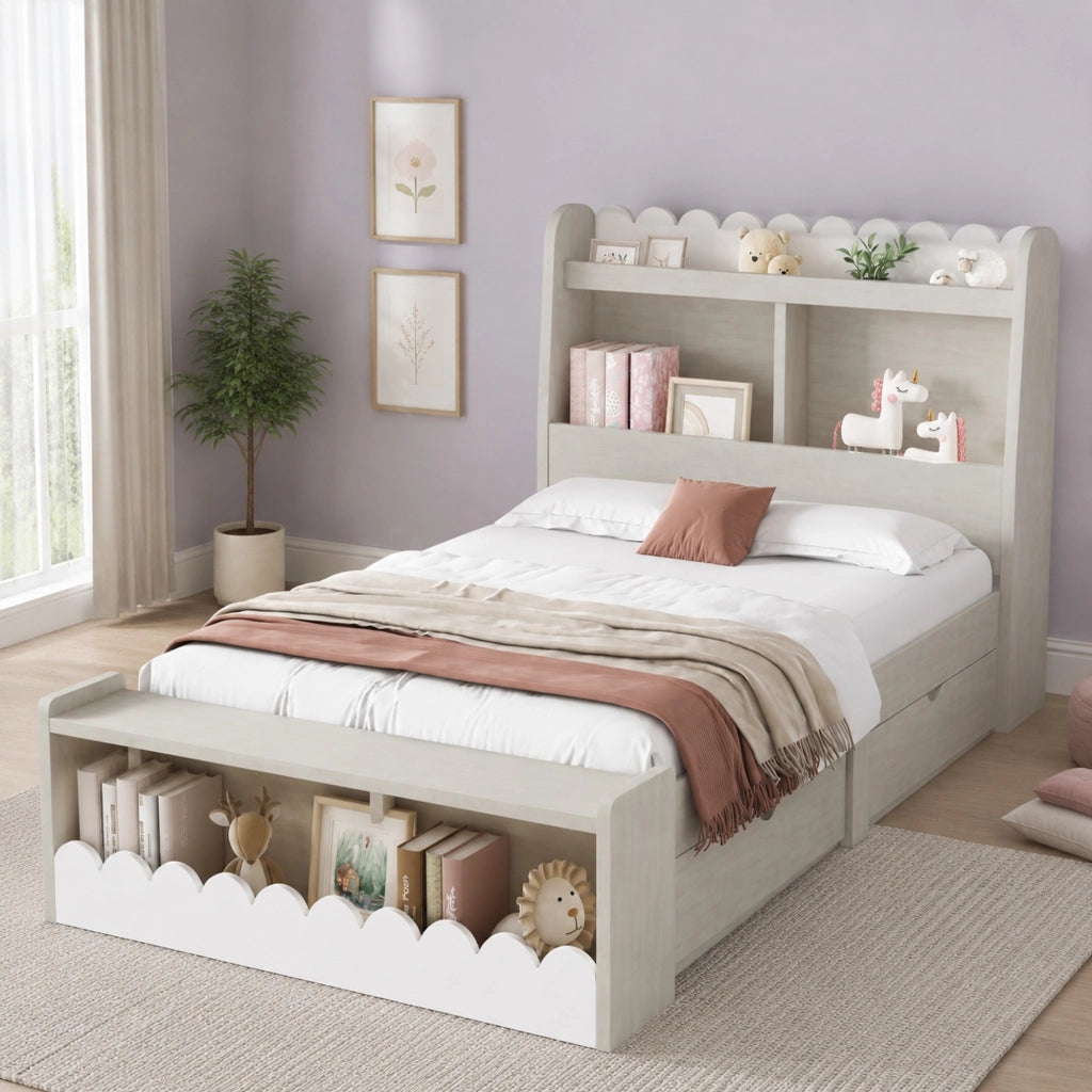 LETTO Singolo 90x200 cm con Cassetti, Scaffali e Modulo contenitore Bianco e Rovere
