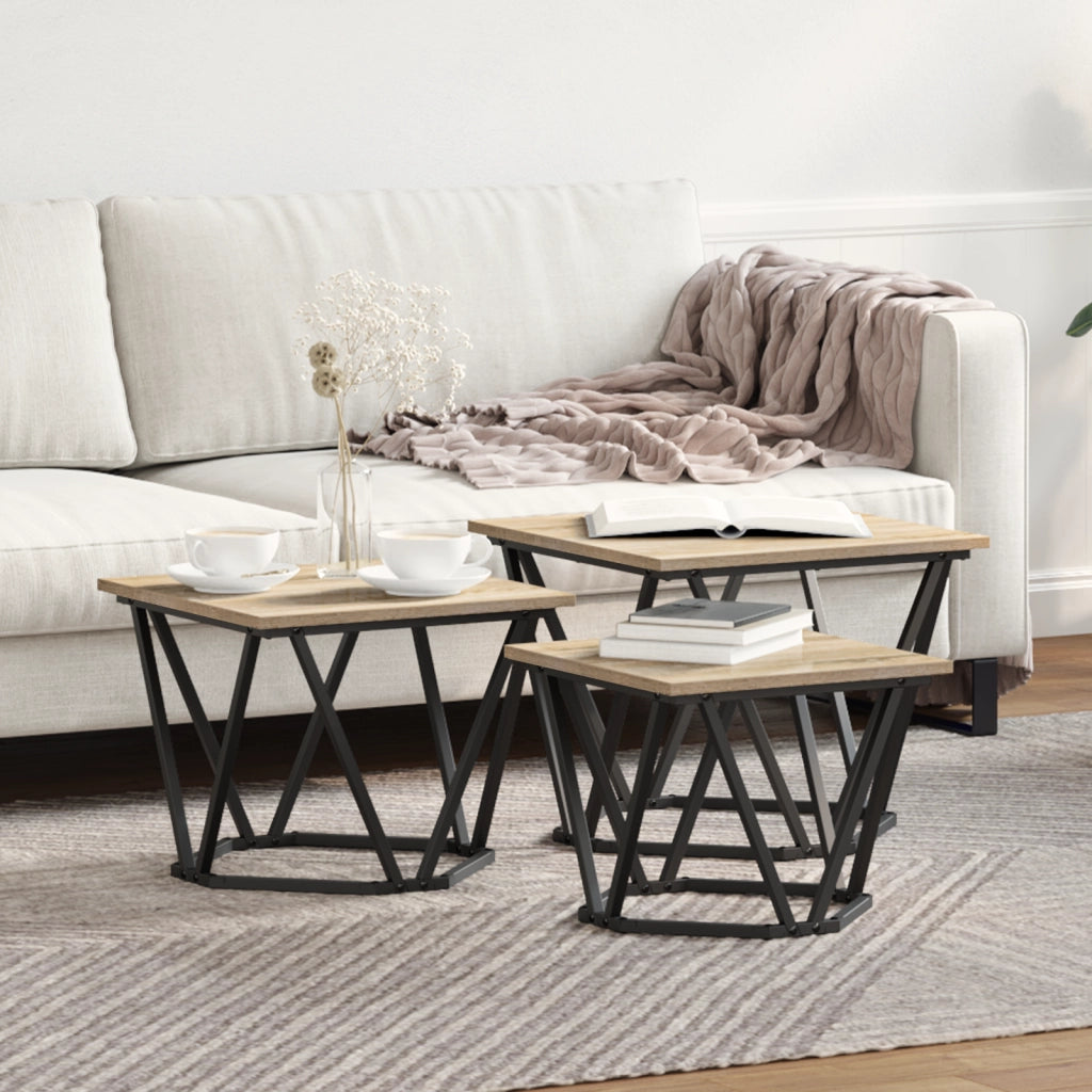 Set di 3 tavolini  in legno ingegnerizzato rovere Sonoma