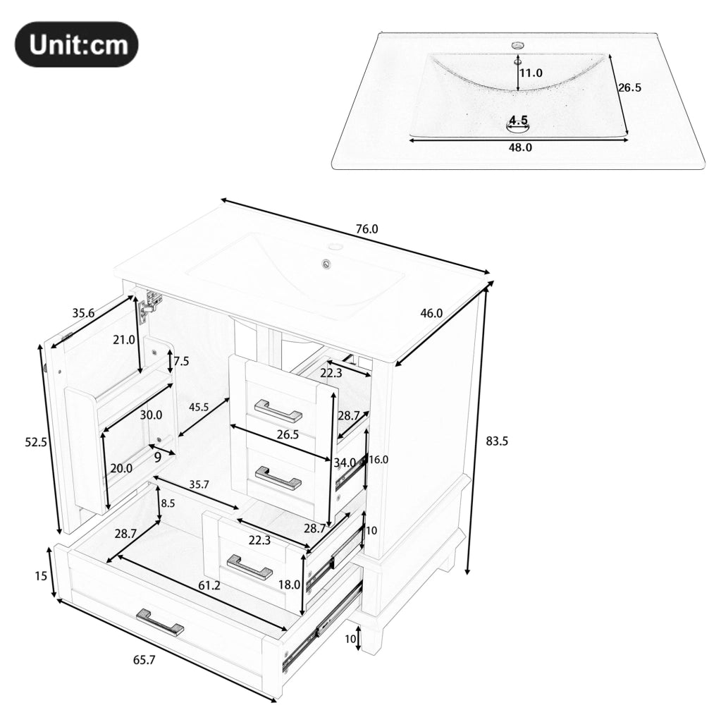 Mobile bagno freestanding 76x46x83,5 cm con lavabo in ceramica, 3 cassetti, bianco