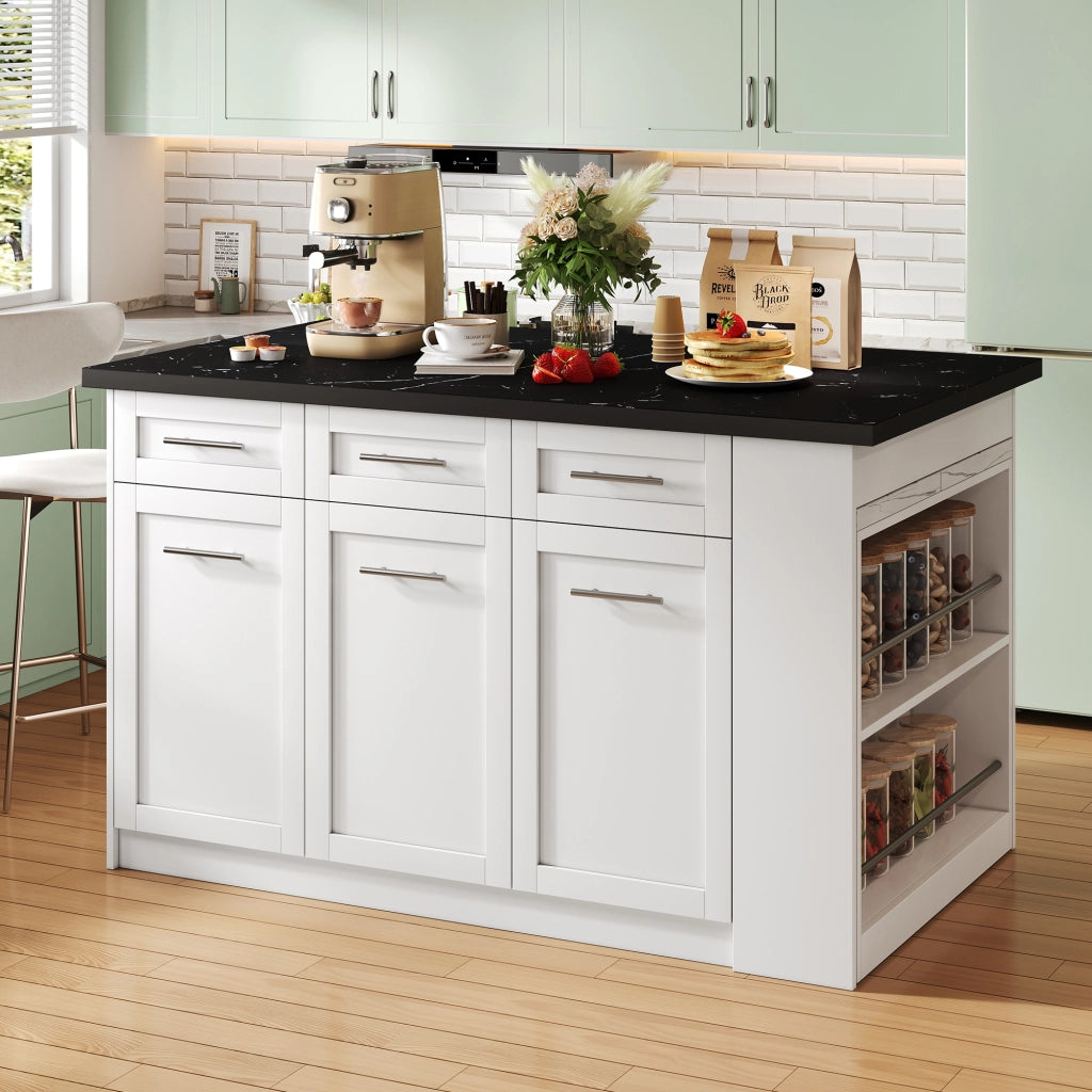 Isola da Cucina 150/246x90x90 cm con Tavolo Estraibile 96 cm; Piano Effetto Marmo; 6 Cassetti e Ripiani