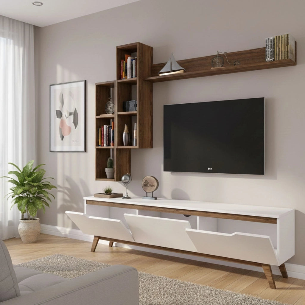 Parete attrezzata Atax, Composizione soggiorno, Mobile salotto multiuso, Armadio porta TV, 180x35h49 cm, Bianco e Noce