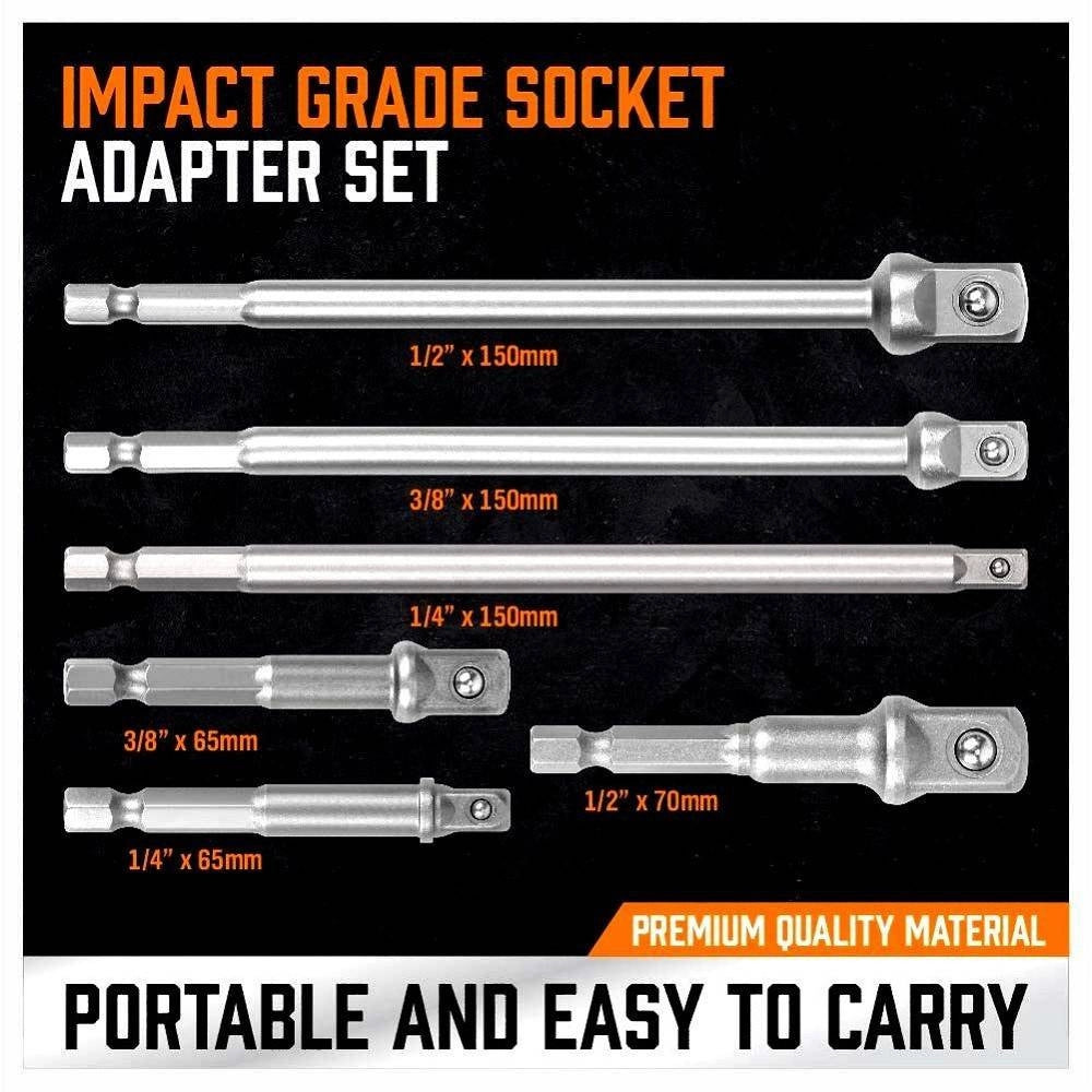 Trade Shop - Kit 6 Adattatori Chiavi A Bussola Quadrate Impatto Percussione 1/4-3/8-1/2" 96033 -