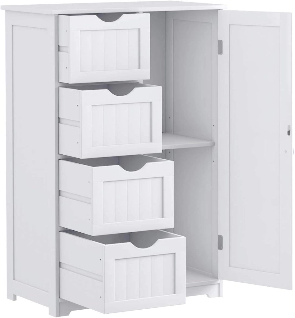 Armadietto Bagno Spazioso, con 4 Cassetti Scorrevoli, Anta Magnetica, Ripiano Regolabile, Mobiletto Multiuso, Carico Massimo di 70 kg, 56x30x82 cm, Bianco