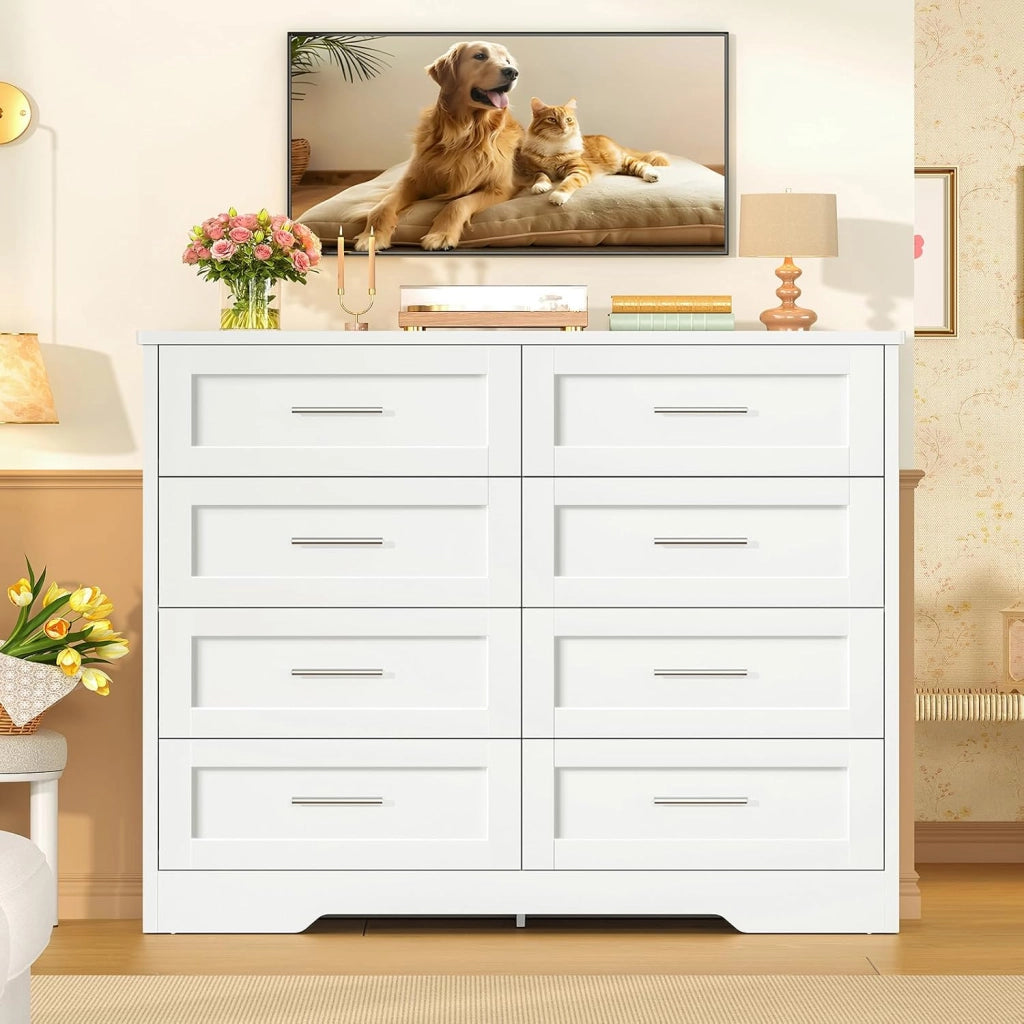 Cassettiera Camera da Letto, Settimino con 8 Cassetti - Comò Bianco Moderno e Salvaspazio, Ideale per Soggiorno e Ingresso, 107x35x96.5 cm
