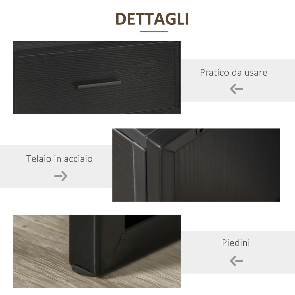 Set 2 Comodini Moderni, 2 Comodini da Camera da Letto e Soggiorno, con Cassetto e Ripiano Aperto, Design Moderno, in MDF e Acciaio, 45x40x60cm, Nero