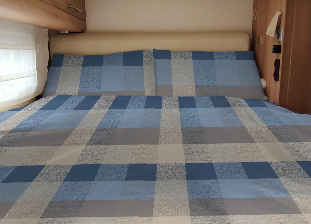 Completo Lenzuola Camper Roulotte 100% Cotone PERSONALIZZABILE Varie Fantasie - Singolo - Scotland Azzurro