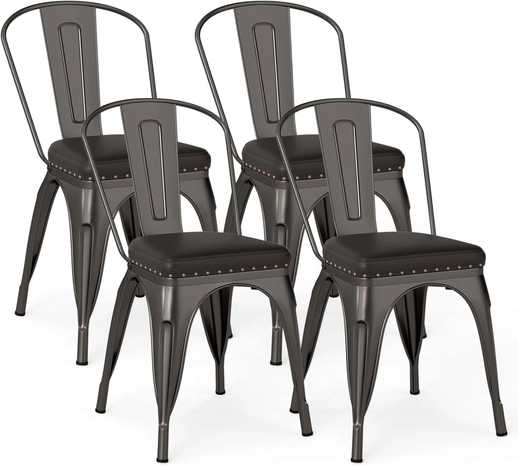 4 Sgabelli Cucina 53 x 44 x 84 cm, Sedie Impilabili con Schienali Rimovibili e Sedile Imbottito in Finta Pelle, Sgabelli in Metallo per Ristorante, Bistro e Bar (Nero)