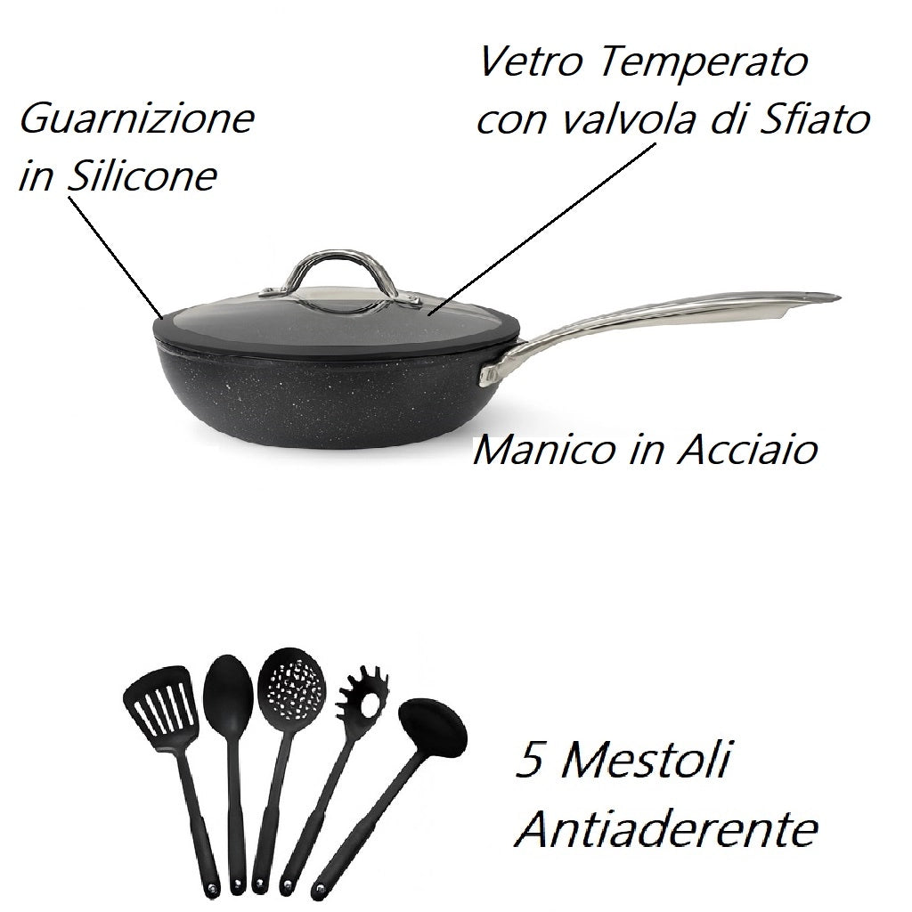 Set Padelle Induzione Pietra Antiaderenti 20/24/28 cm con Coperchi e 5mestoli Nero