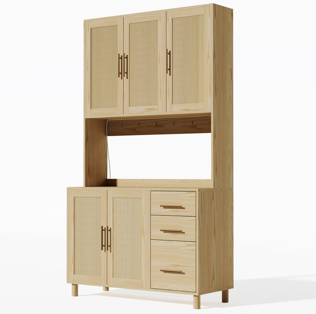 Credenza da cucina 183 cm con LED RGB, 2 prese e porta USB, ripiani regolabili e 3 cassetti