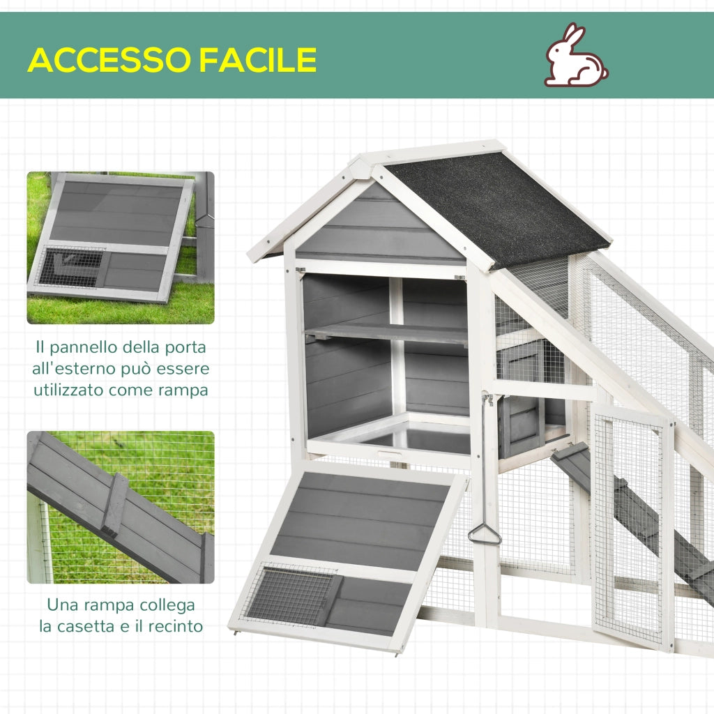 EasyComfort Conigliera in Legno con Area Aperta e Rampa, Gabbia per Conigli con Fondo Estraibile e Porte, 140x65x120 cm, Grigia