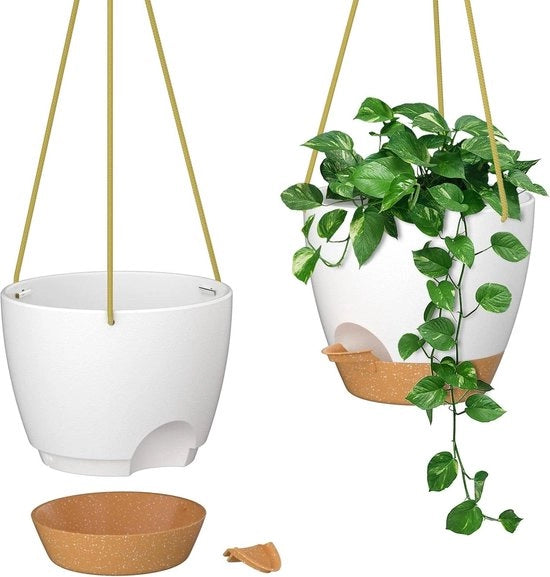 Set di vasi da piante appesi 25cm con ingresso per irrigazione e fori di drenaggio - Vaso da piante autoirrigante - Vaso di plastica per piante per interni ed esterni (Set di 2 in bianco)