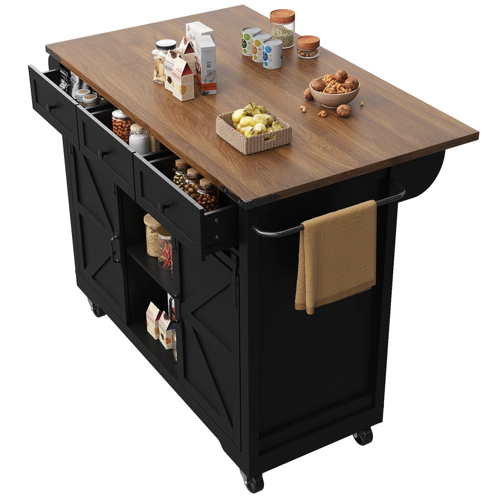 Carrello da Cucina con 3 Cassetti e 2 Ante Scorrevoli; Piano Pieghevole e Ruote; in MDF; Nero