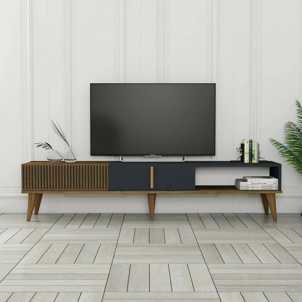 Mobile porta TV Jakuchu, Credenza da soggiorno, Armadio basso per TV, Base parete attrezzata, 180x35h40 cm, Noce e Antracite