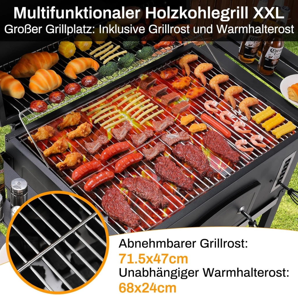 Grande Barbecue Carbonella XXL, BBQ Smoker con Camino e Coperchio, Griglia per Barbecue con 2PCS Ruote, Termometro, Altezza Regolabile, BBQ Carbonella per Giardino, 138x155x61 cm