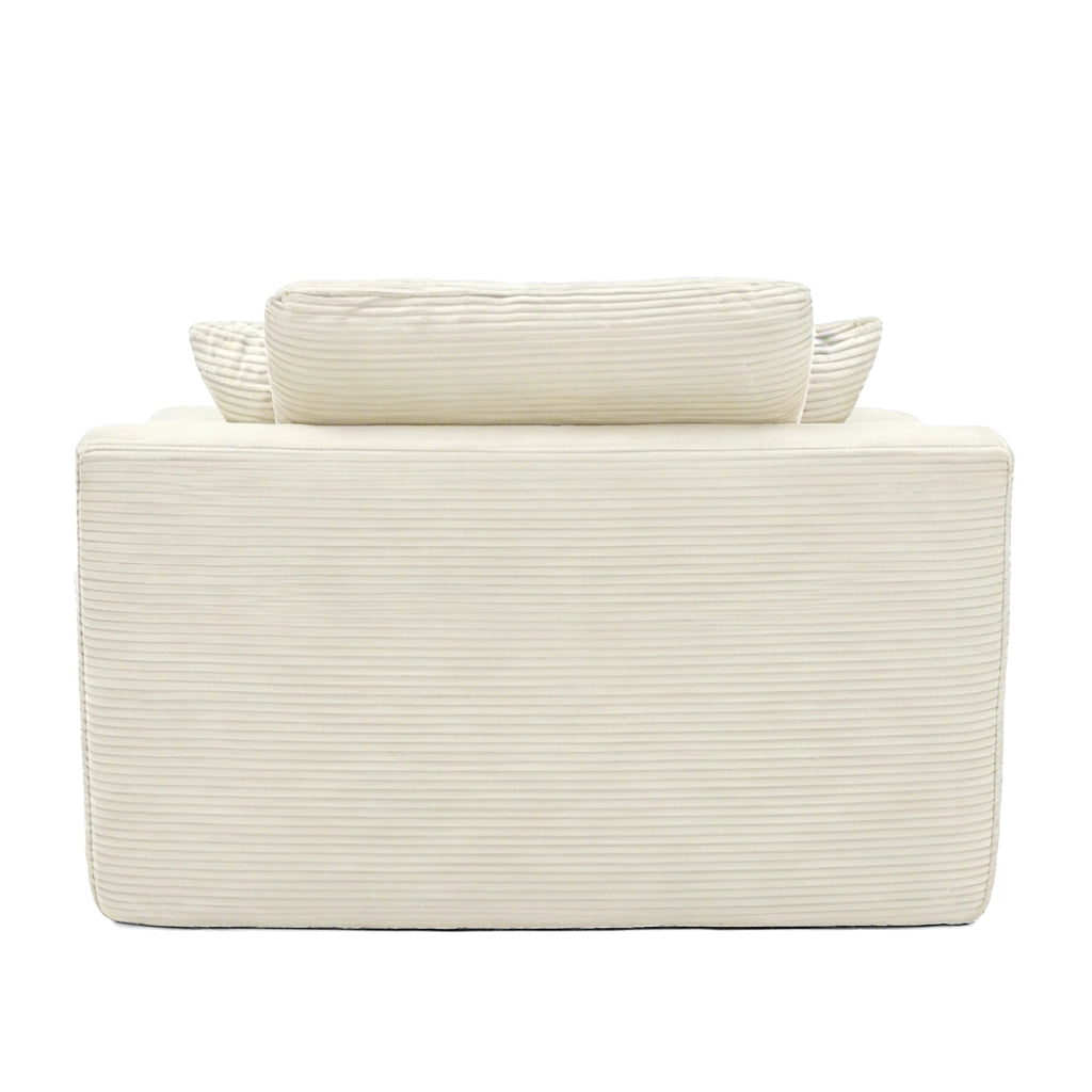 Divano in corduroy beige con tasche laterali e cuscini decorativi, seduta imbottita in schiuma ad alta densità