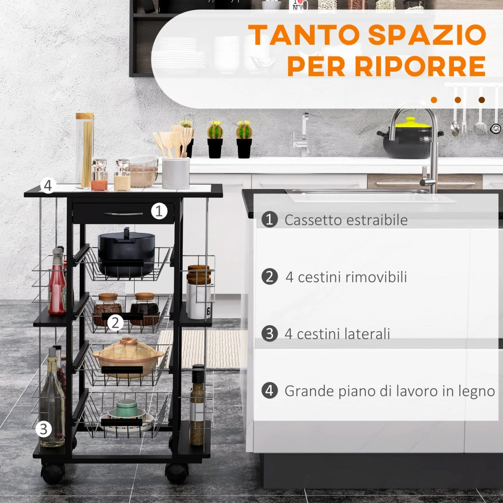 Carrello da Cucina con 4 Cesti e Cassetto ¨C Minimal ¨C Nero, Metallo e Legno di Pino, 57x37x83 cm