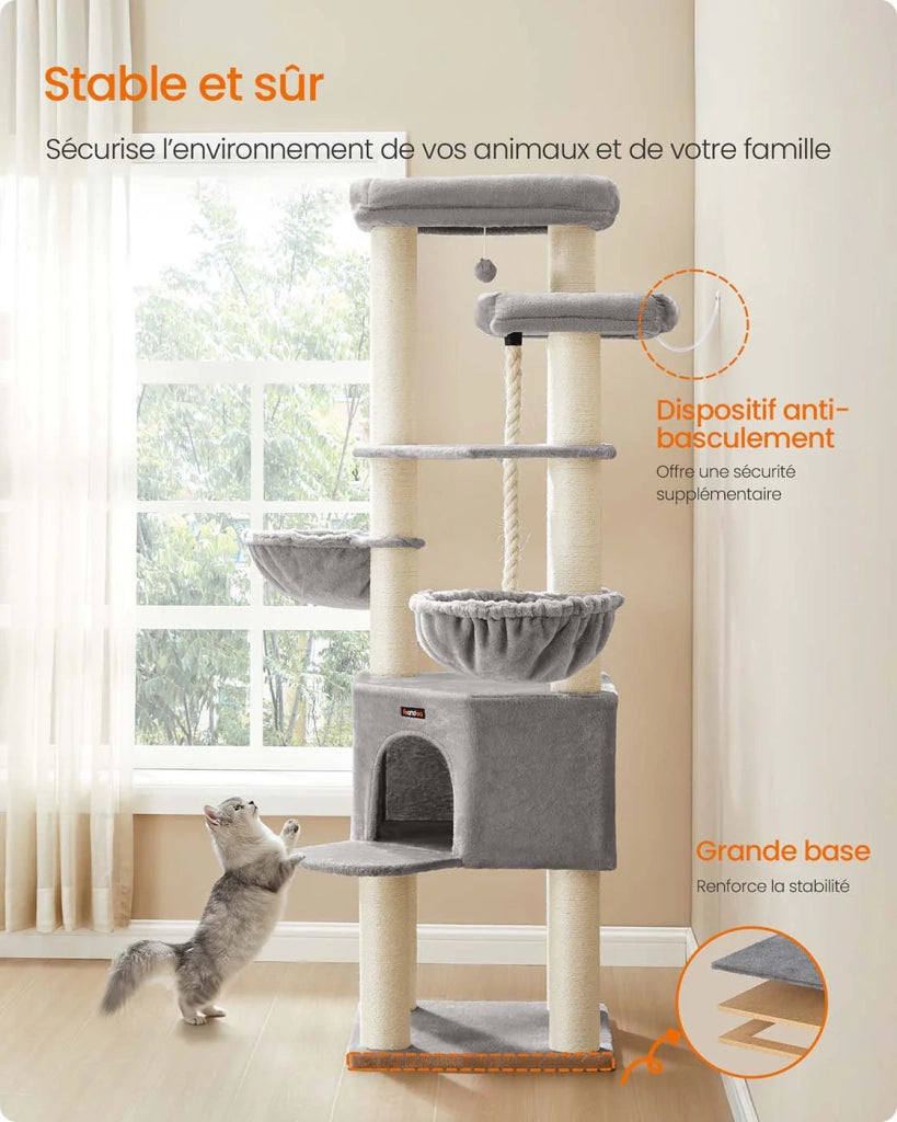 Tiragraffi grande torre gioco per gatti a più livelli 55 x 55 x 186,7 cm pali in sisal da 11 cm di diametro grigio Maine Coon 12_0008008