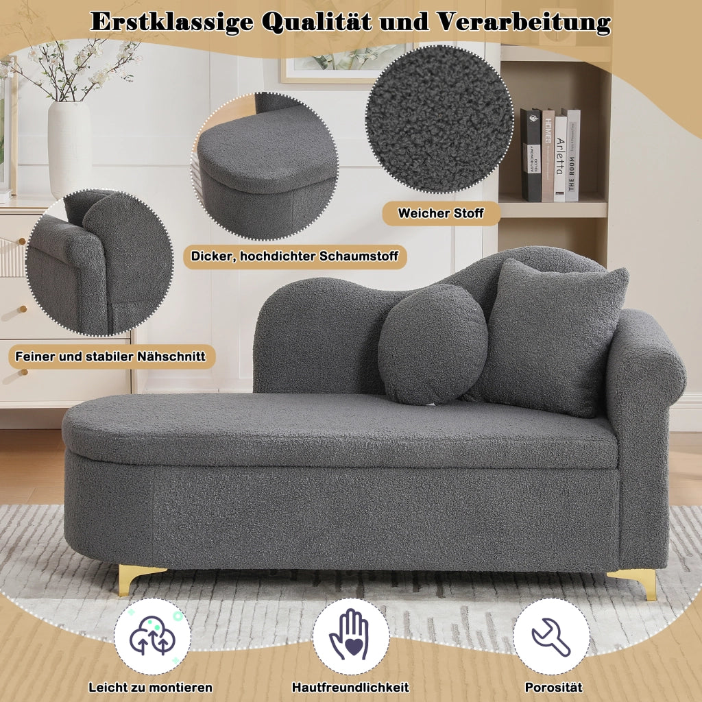 Chaise longue con vano contenitore, schienale ondulato e cuscini, in tessuto effetto teddy e metallo grigio antico